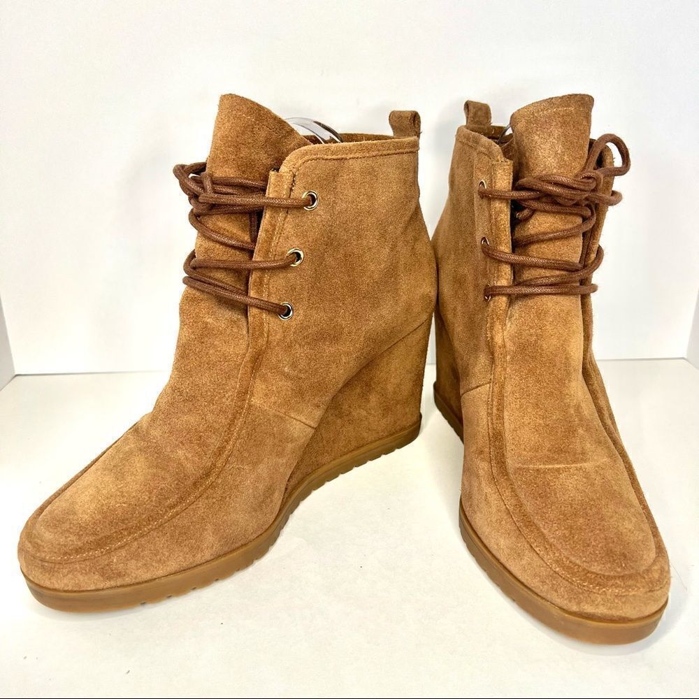 Michael Kors Tamara Lace Up Suede Wedge Booties Brown‎ Womens 9 PV18G